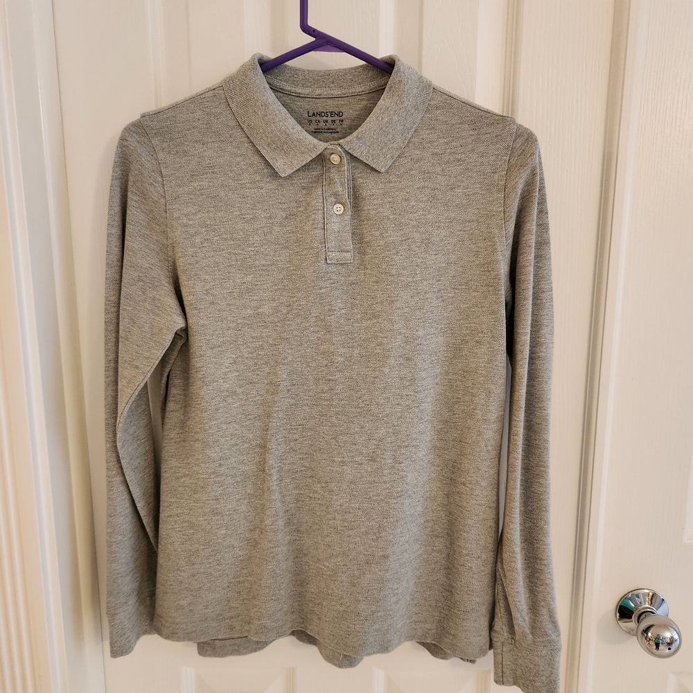 Lands' End Gray Long Sleeve Polo Shirt Women Small